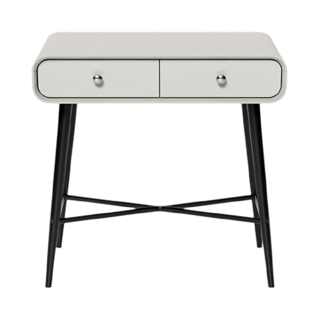 **Technische titel in het Nederlands: Moderne nachttafel met twee lades en metalen poten**