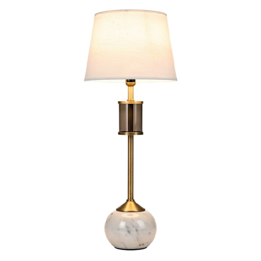 **Technische titel in het Nederlands: Elegante marmeren tafellamp met stoffen kap en gouden accenten**