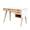 **Technische titel in het Nederlands: Moderne bureau met lades en houten poten**